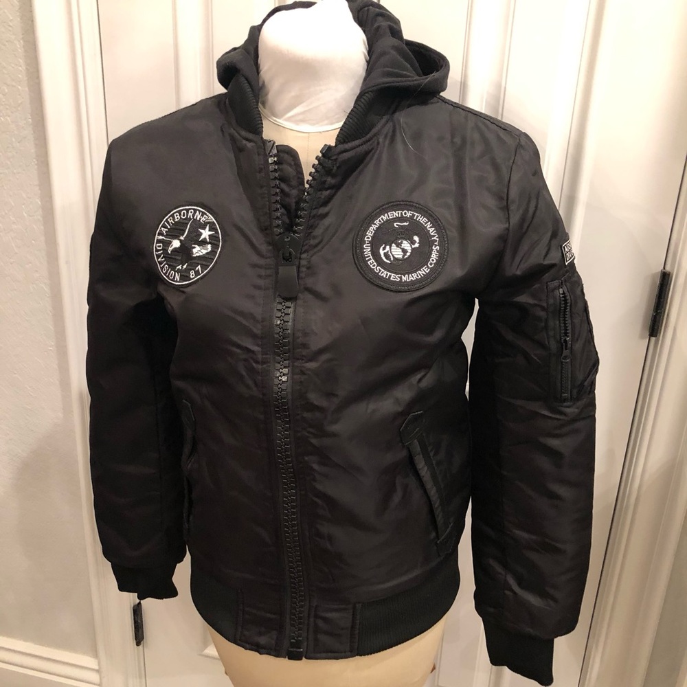 XRAY Jeans Hooded Jacket Men Size M Black Military Flight Patch~Dept. of Navy